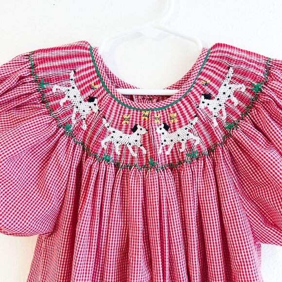 Girls Smocked Dalmatian Firefighter Red Gingham Puff Sleeve Dress - Picture 3 of 7